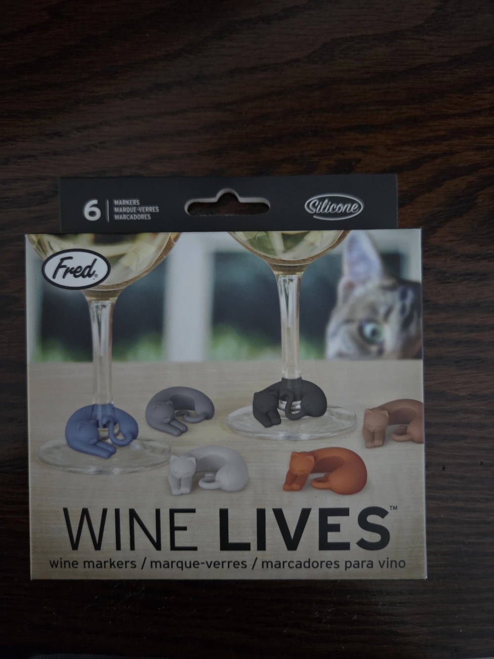 Fred Cat Wine Markers Set in Blue, Gray, Black, Brown, Cream, Orange